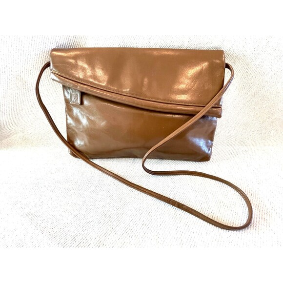 VTG ANNE KLEIN for CALDERON Brown Leather Crossbody Asymmetrical FoldOver Clutch - Picture 1 of 10